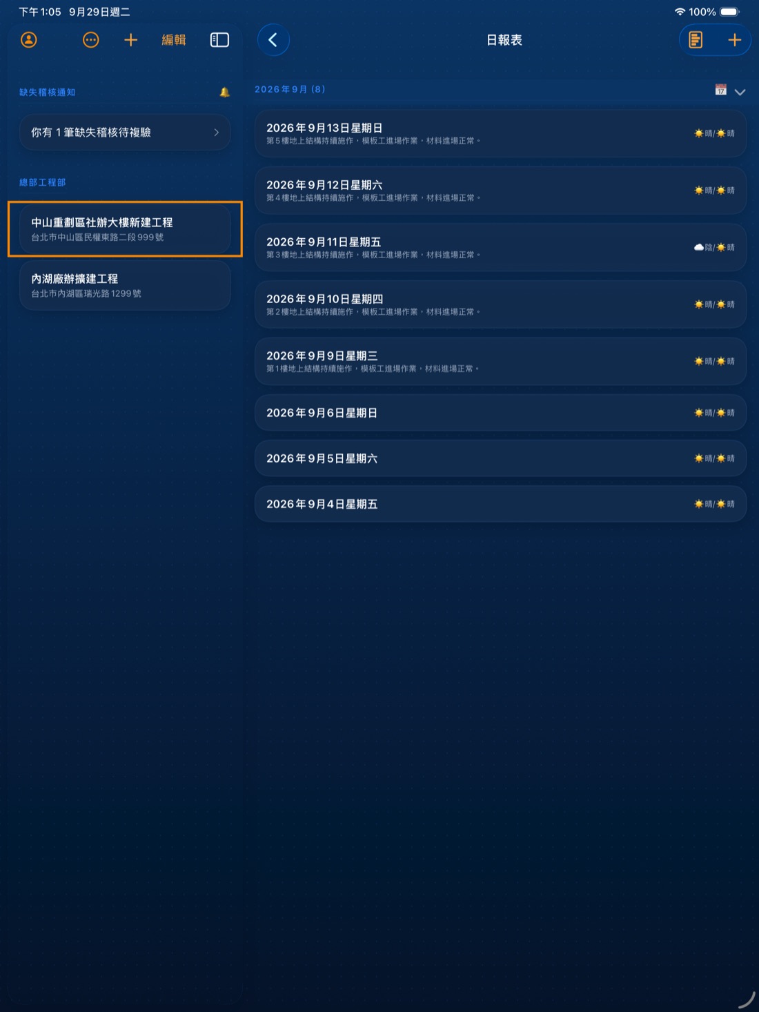 iPad 日報表清單，依年月分組並顯示天氣