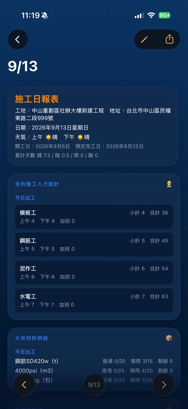 iPhone 施工日報表內容：出工人數與累計